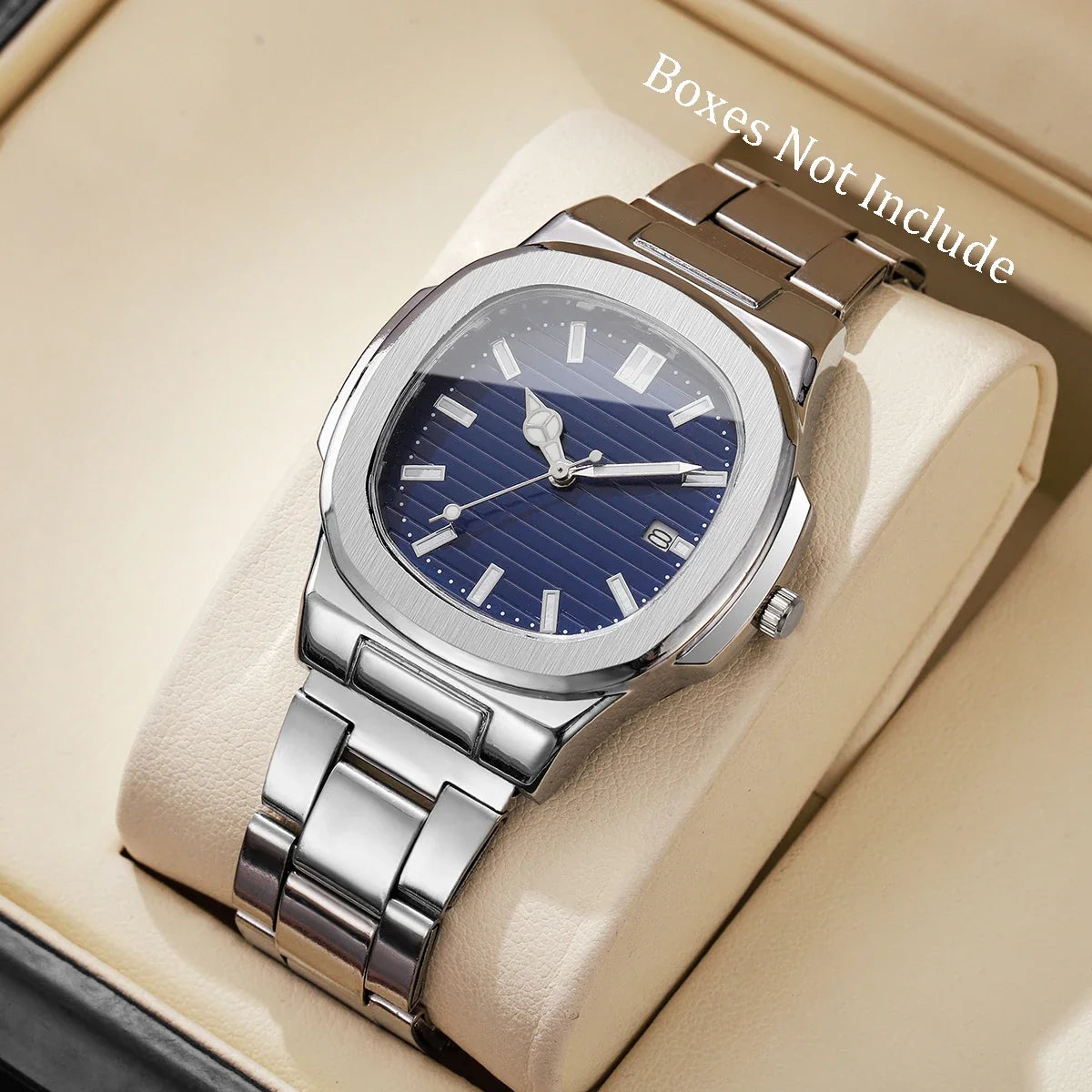 Men Fashion Wristwatches Business Square Dial Stainless Steel Strap Quartz Watch with Calendar For Mens Clock（Without Box）