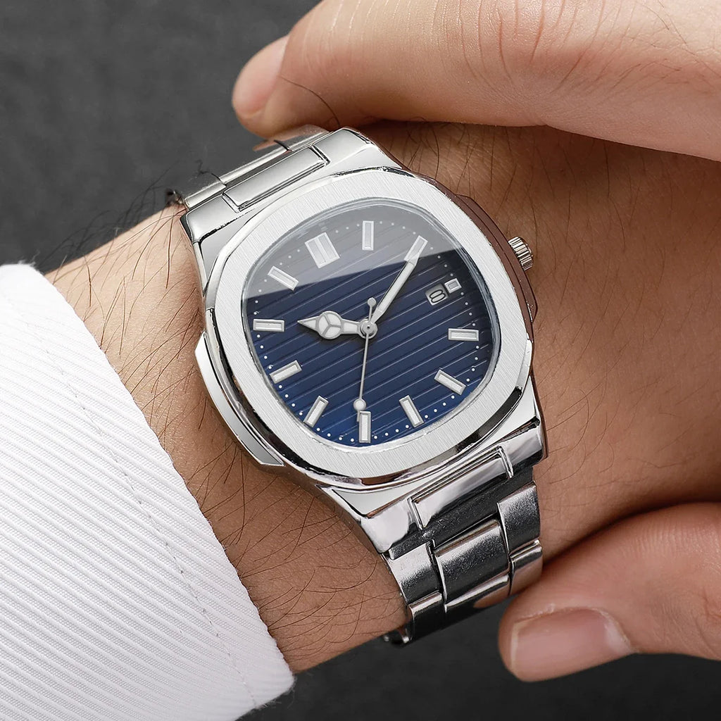 Men Fashion Wristwatches Business Square Dial Stainless Steel Strap Quartz Watch with Calendar For Mens Clock（Without Box）