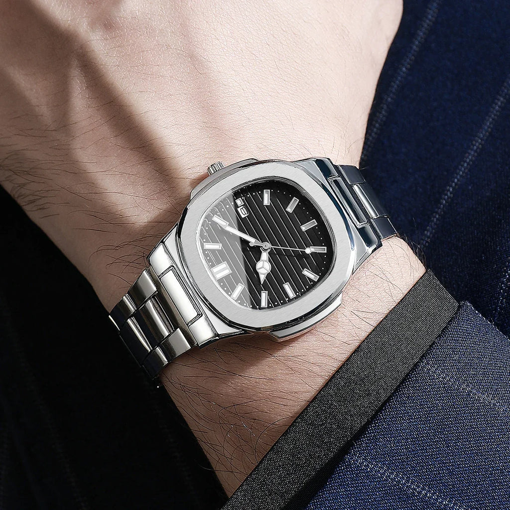 Men Fashion Wristwatches Business Square Dial Stainless Steel Strap Quartz Watch with Calendar For Mens Clock（Without Box）
