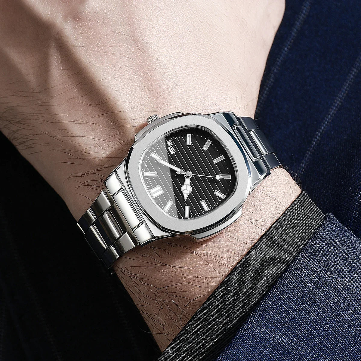 Men Fashion Wristwatches Business Square Dial Stainless Steel Strap Quartz Watch with Calendar For Mens Clock（Without Box）